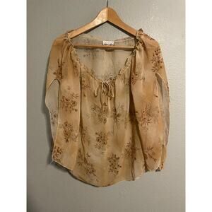 Nina Piu Top Womens Medium Beige Floral Sheer Slit Sleeve Boho Peasant Fairy Y2K